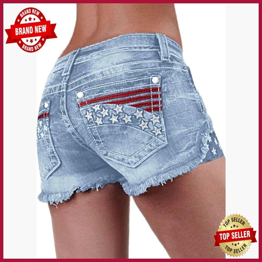 Ripped Denim Shorts Mid Waist Distressed Raw Hem Stretchy Skinny Fit